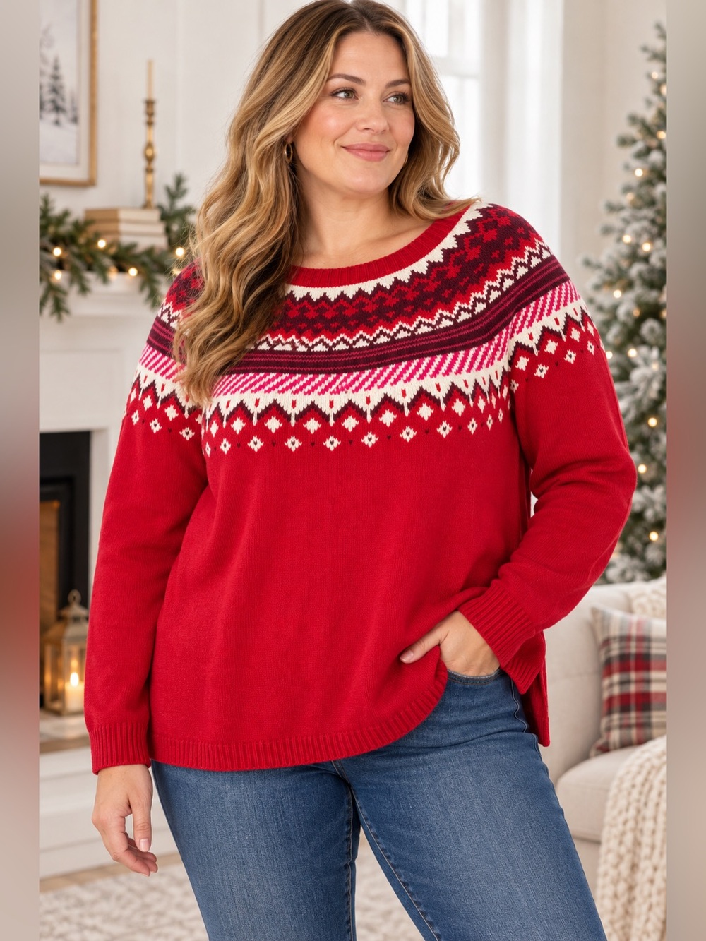 Lands’ End Fair Isle Nordic Sweater 3X Red Christmas Cotton NWT Ski Lodge Cozy